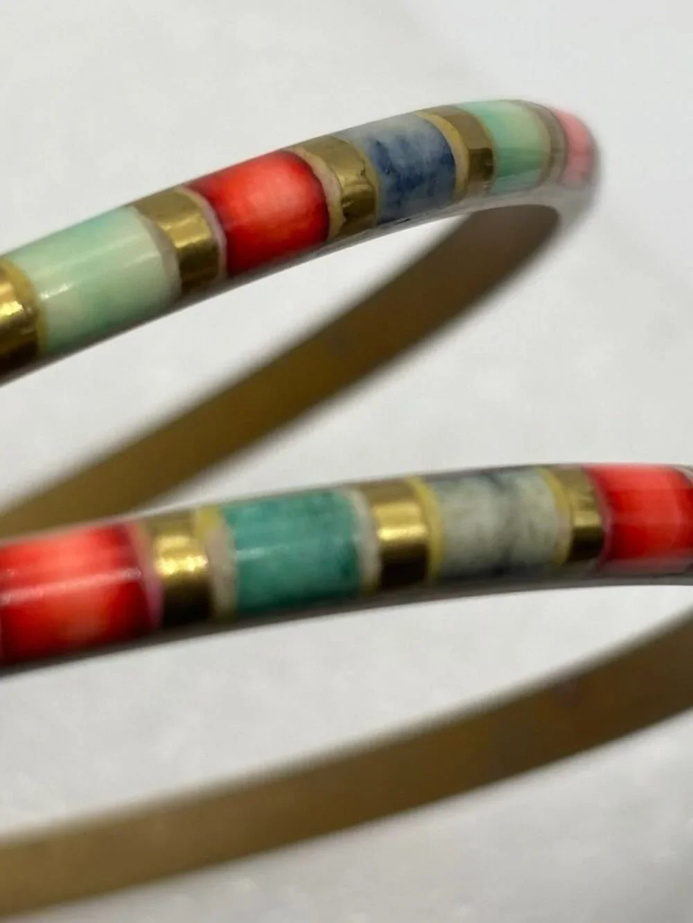 Lot of Three Vintage Bangle Bracelets 2 Brass Multicolor Inlay 1 Gold Tone Metal